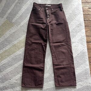 Levi’s Brown high waisted straight pant. They are kind of wide leg.